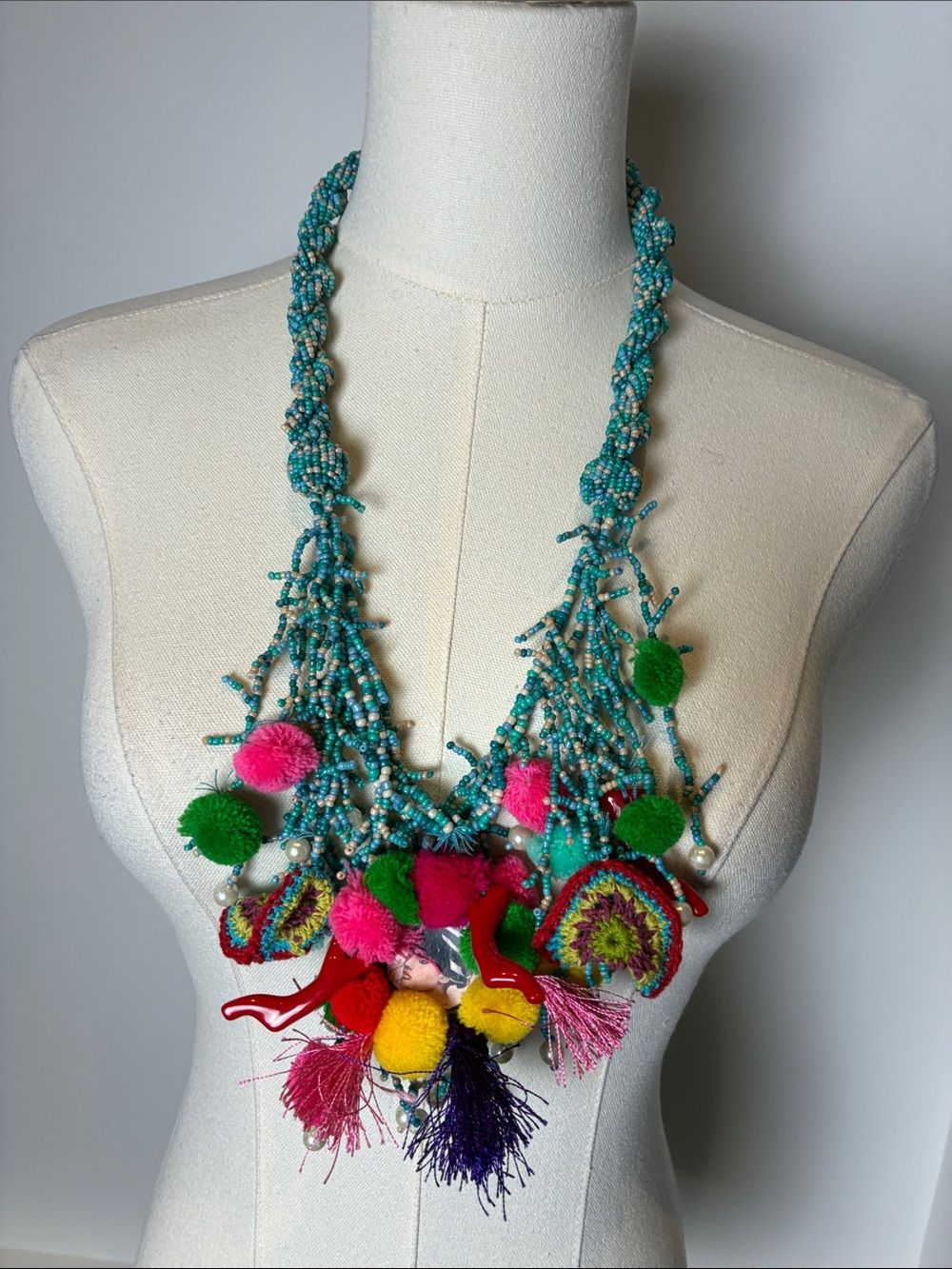Boho Pom-Pom Beaded Statement Necklace - Turquoise & Multicolor